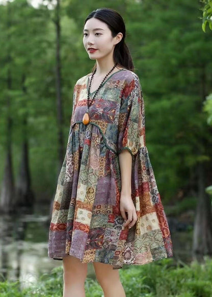 Purple Print Patchwork Linen Mid Dress V Neck Wrinkled Summer LY2490 - fabuloryshop