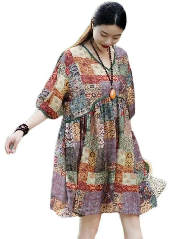 Purple Print Patchwork Linen Mid Dress V Neck Wrinkled Summer LY2490 - fabuloryshop