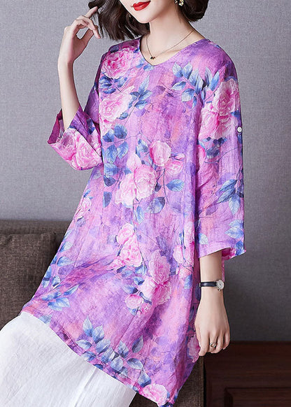 Purple Print Patchwork Linen Shirt Top O Neck Side Open Bracelet Sleeve TF1059 - fabuloryshop