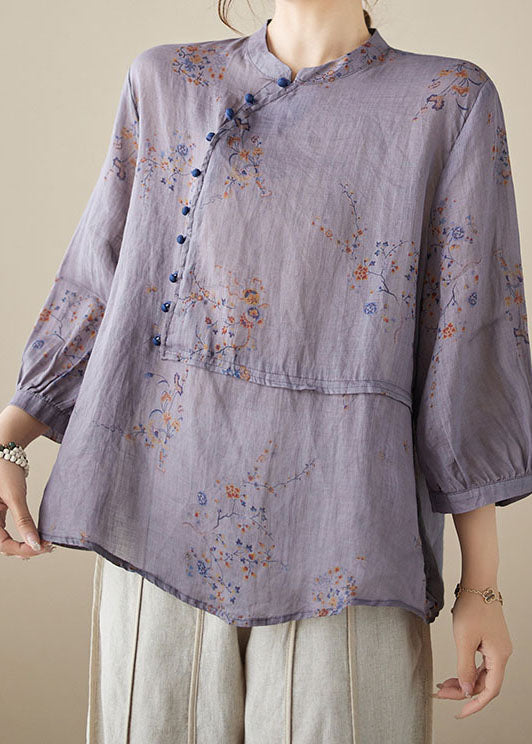 Purple Print Patchwork Linen Shirt Tops Stand Collar Button Summer LY3986 - fabuloryshop