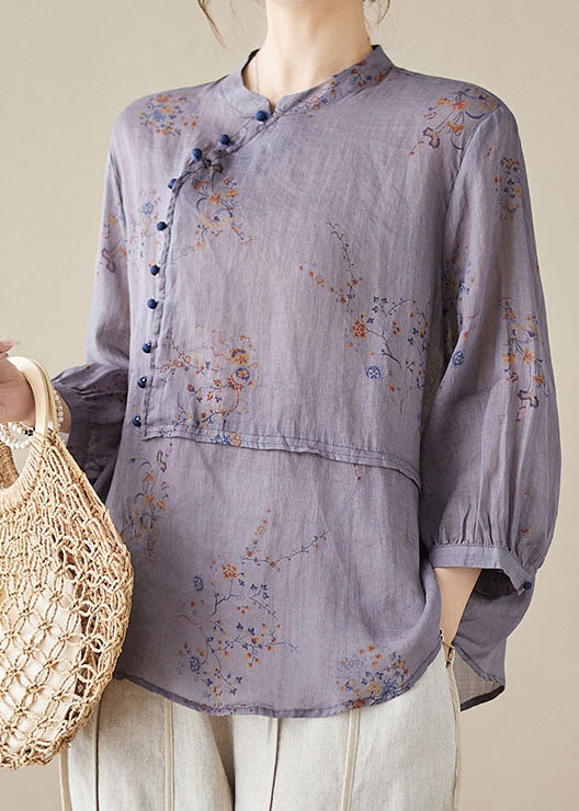 Purple Print Patchwork Linen Shirt Tops Stand Collar Button Summer LY3986 - fabuloryshop