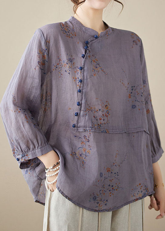 Purple Print Patchwork Linen Shirt Tops Stand Collar Button Summer LY3986 - fabuloryshop