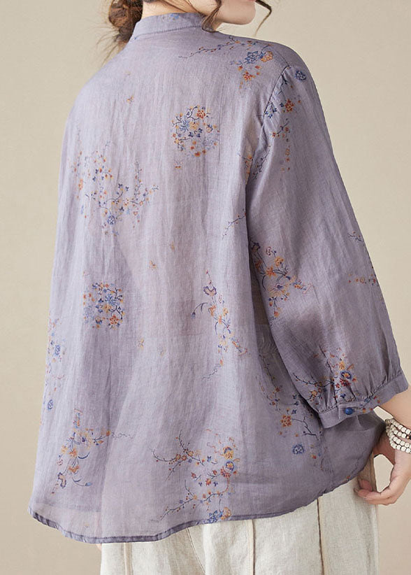 Purple Print Patchwork Linen Shirt Tops Stand Collar Button Summer LY3986 - fabuloryshop