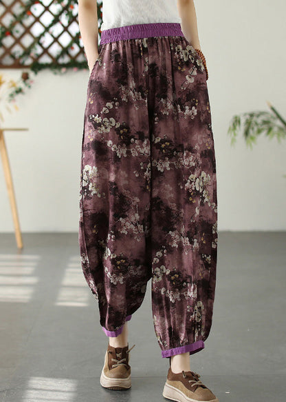 Purple Print Pockets Crop Beach Pants Summer Ada Fashion