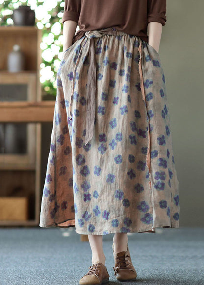 Purple Print Pockets Patchwork Linen Skirts Wrinkled Elastic Waist Summer LY6237 - fabuloryshop