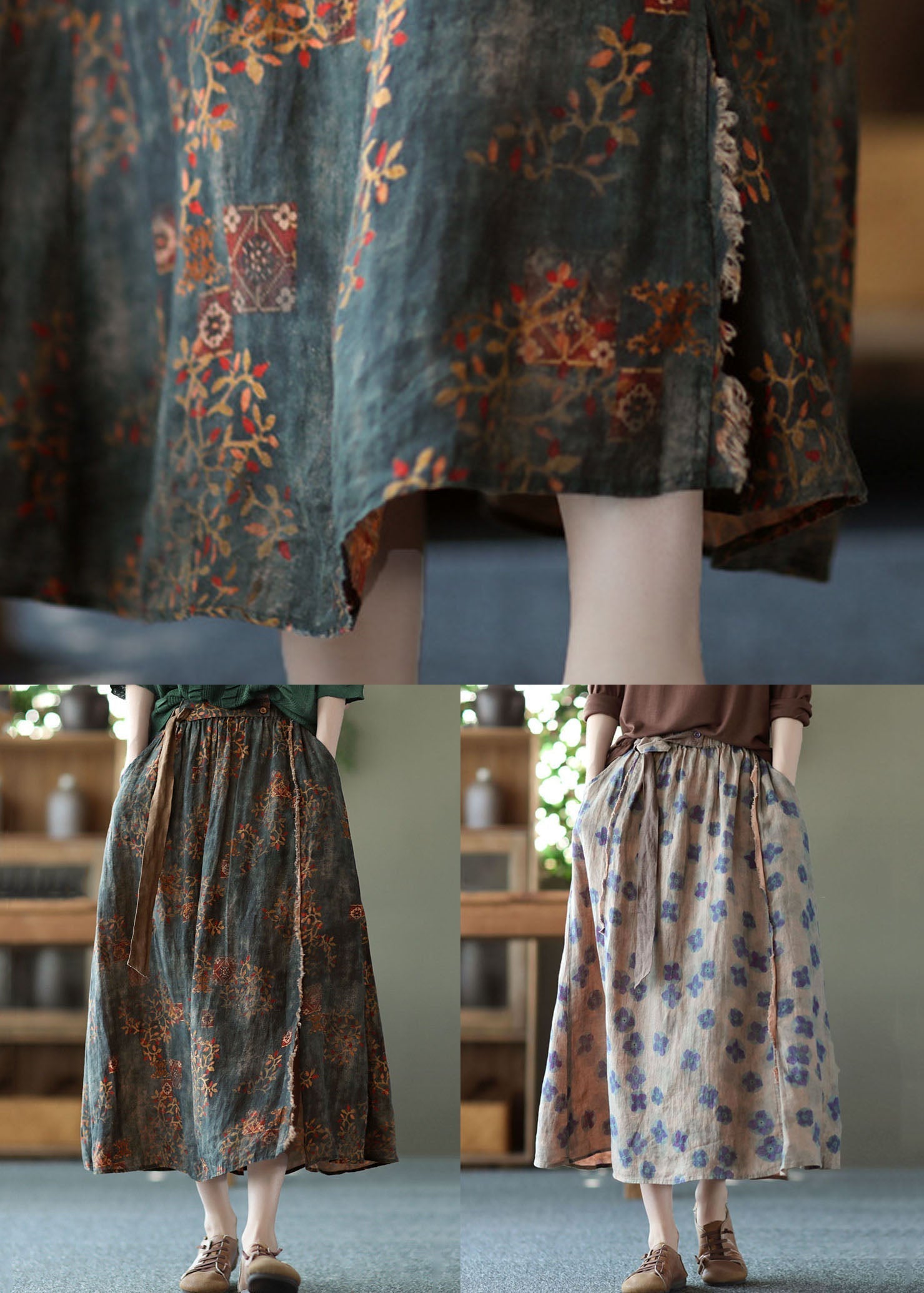 Purple Print Pockets Patchwork Linen Skirts Wrinkled Elastic Waist Summer LY6237 - fabuloryshop