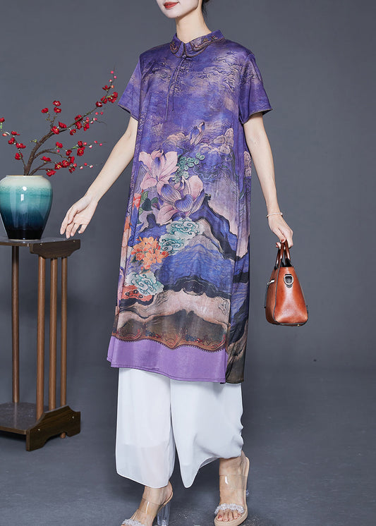 Purple Print Silk Long Dress Turn-down Collar Tassel Summer Ada Fashion