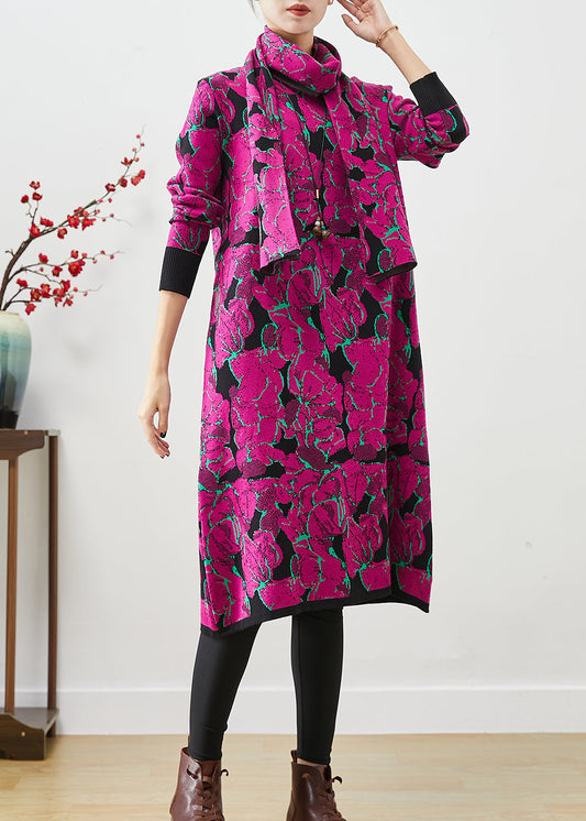 Purple Print Silm Fit Knit Robe Dresses Give Scarf Fall Ada Fashion