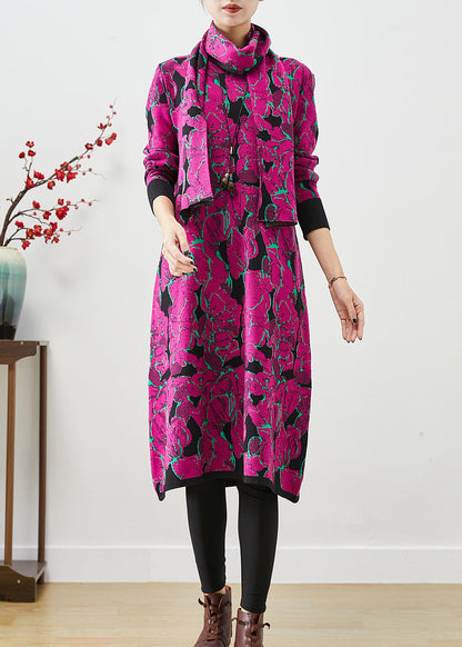 Purple Print Silm Fit Knit Robe Dresses Give Scarf Fall Ada Fashion