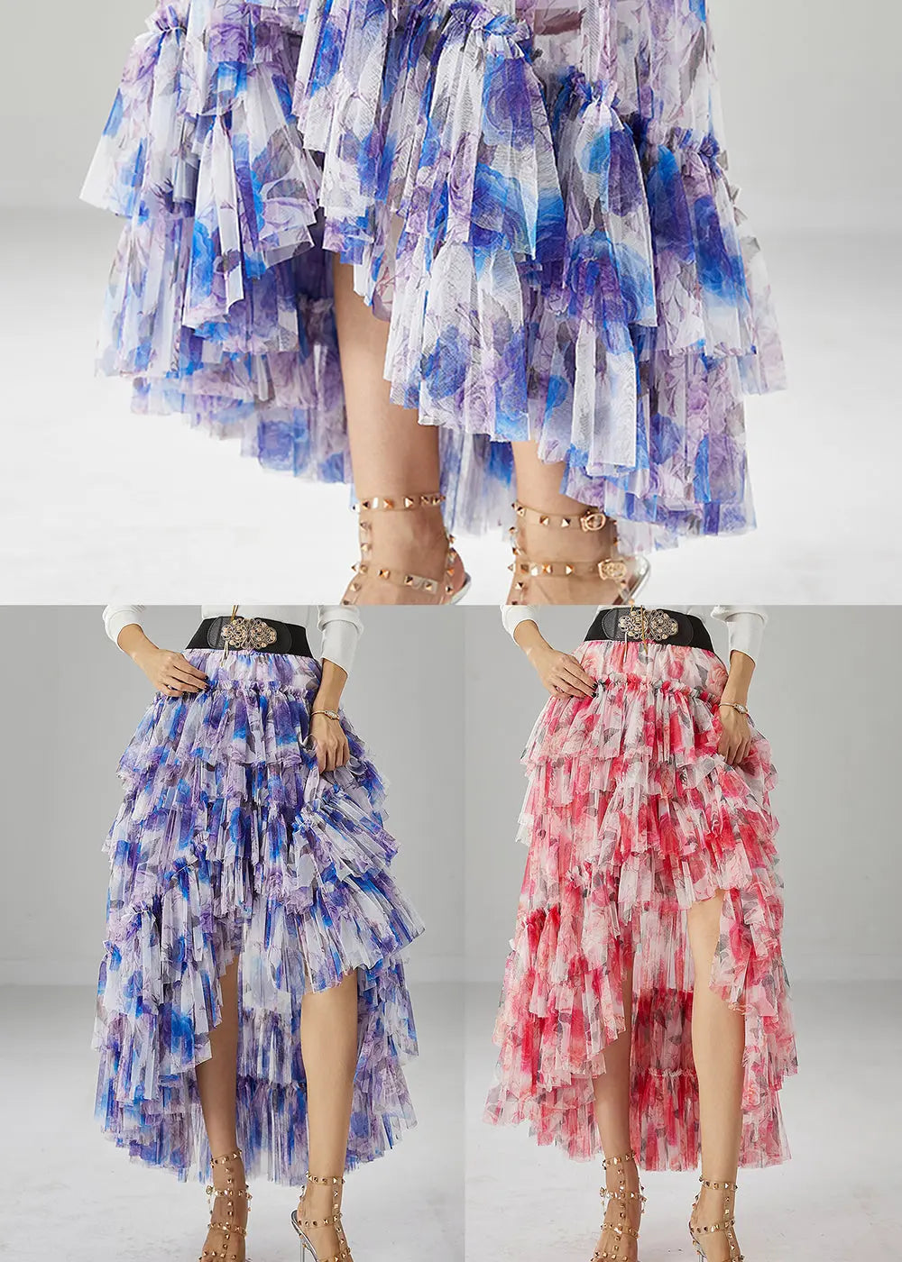 Purple Print Tulle Skirt Asymmetrical Exra Large Hem Fall Ada Fashion