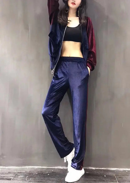 Purple Stand Collar Silk Velour Coats And Wide Leg Pants Two Pieces Set Fall Ada Fashion