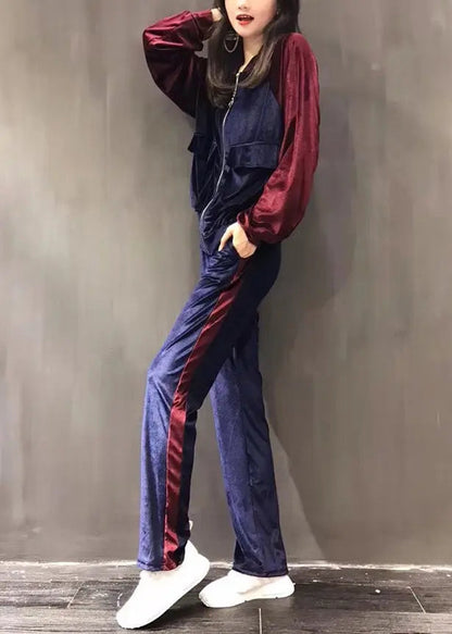 Purple Stand Collar Silk Velour Coats And Wide Leg Pants Two Pieces Set Fall Ada Fashion