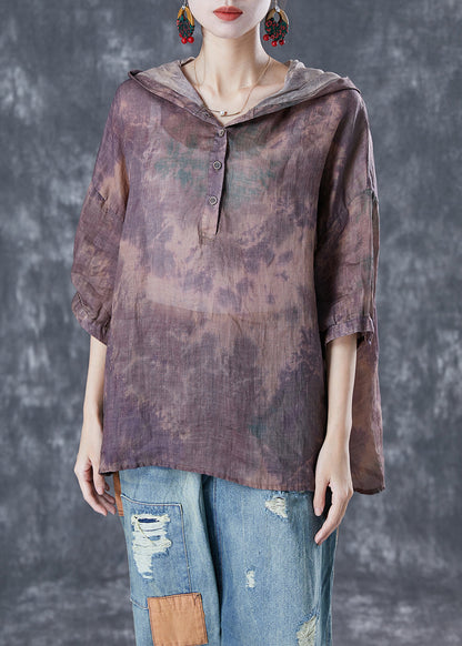 Purple Tie Dye Linen Shirt Top Hooded Oversized Bracelet Sleeve TA1035 - fabuloryshop