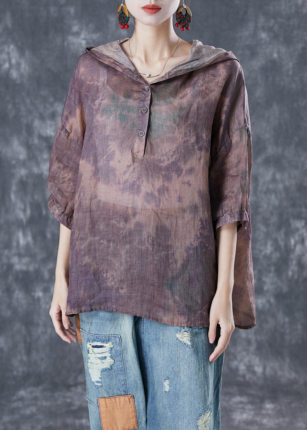 Purple Tie Dye Linen Shirt Top Hooded Oversized Bracelet Sleeve LY5067 - fabuloryshop