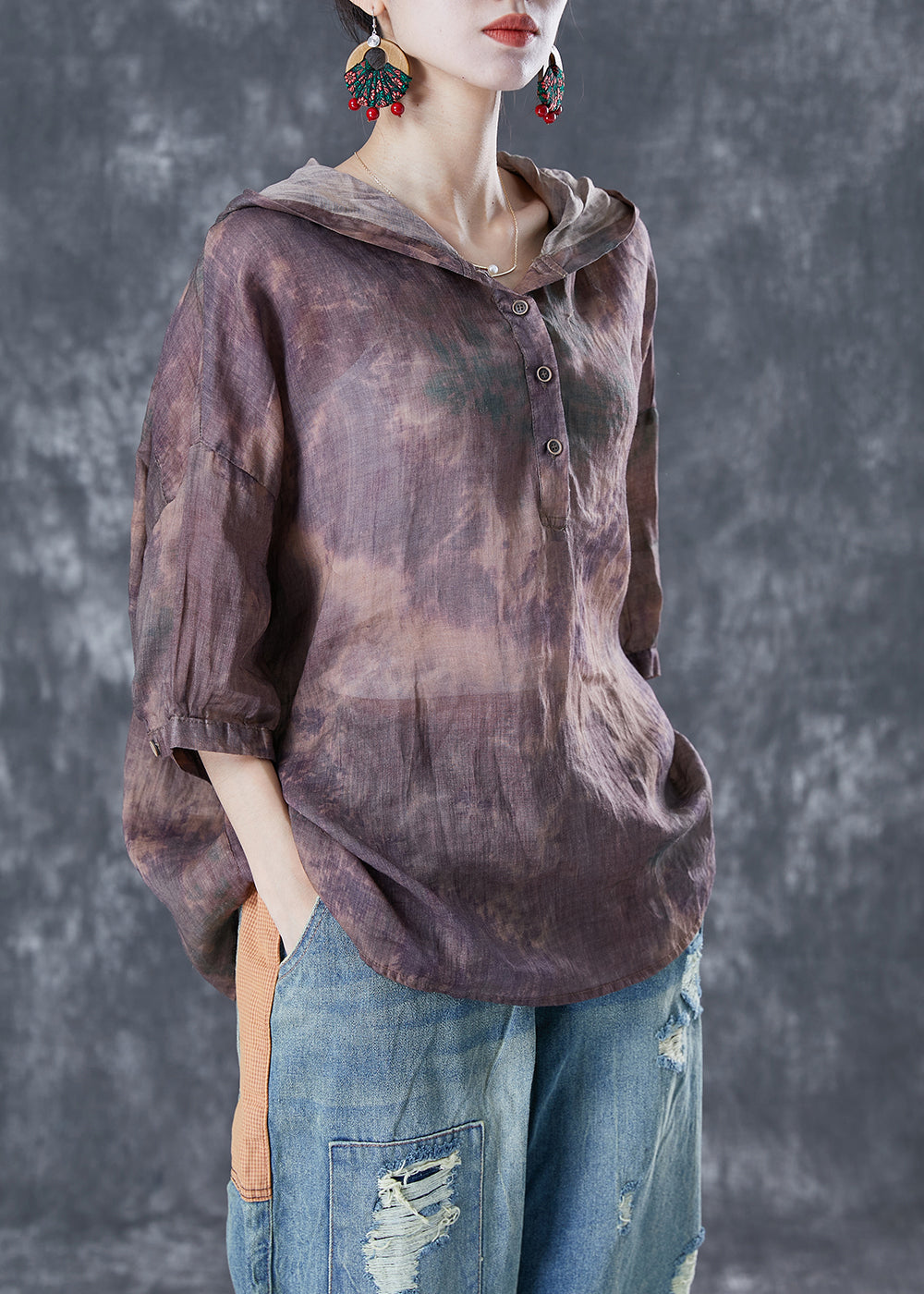 Purple Tie Dye Linen Shirt Top Hooded Oversized Bracelet Sleeve LY5067 - fabuloryshop