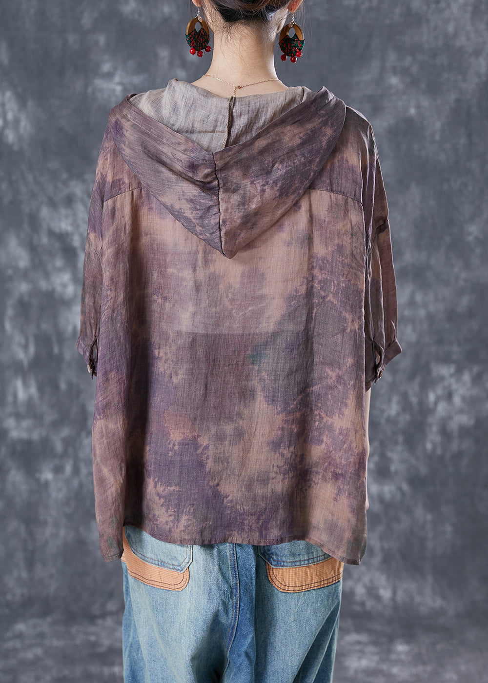 Purple Tie Dye Linen Shirt Top Hooded Oversized Bracelet Sleeve LY5067 - fabuloryshop