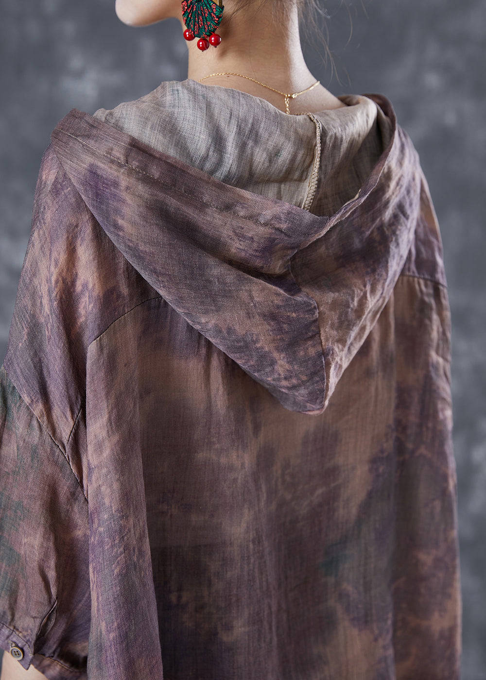 Purple Tie Dye Linen Shirt Top Hooded Oversized Bracelet Sleeve LY5067 - fabuloryshop
