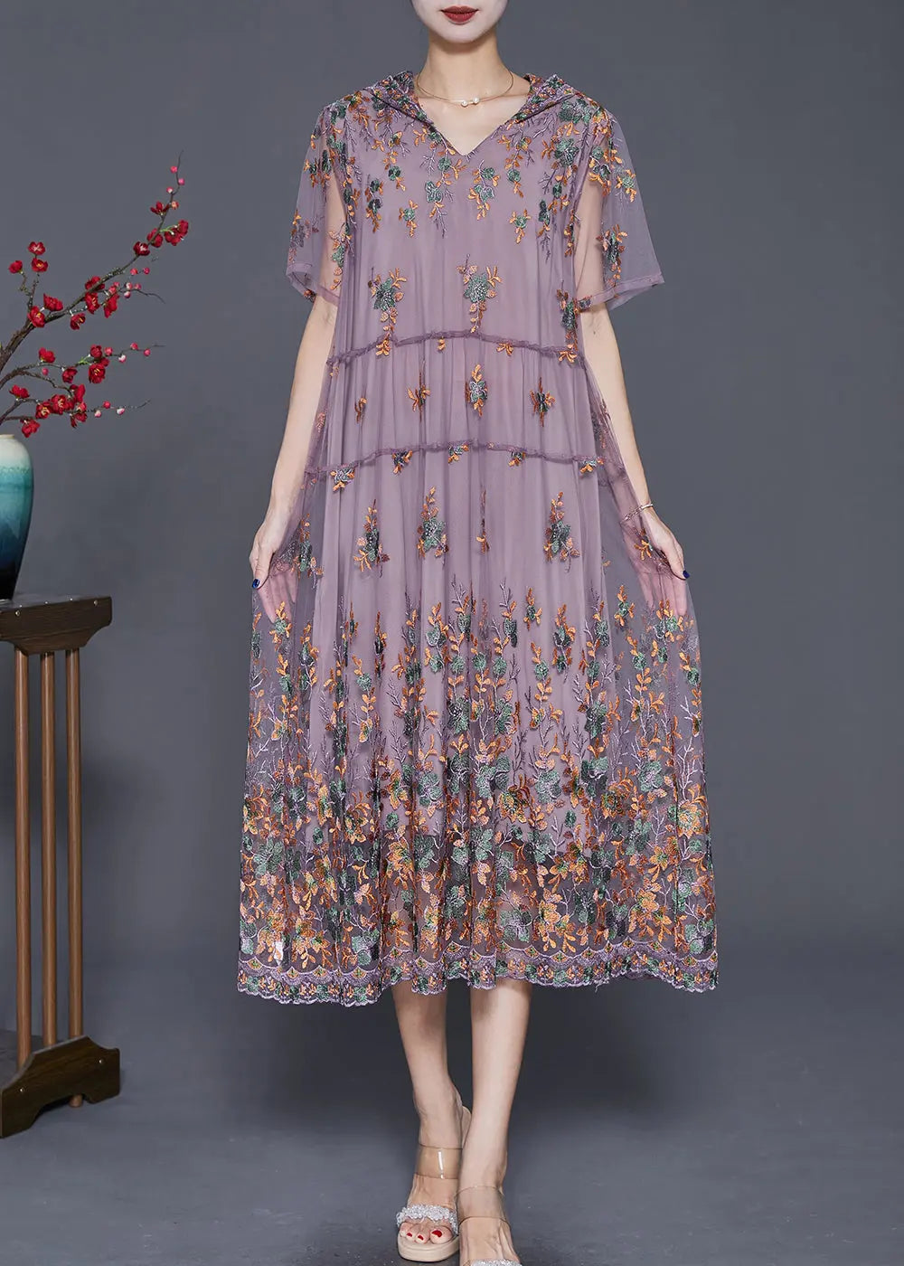 Purple Tulle Long Dress Hooded Embroideried Summer Ada Fashion