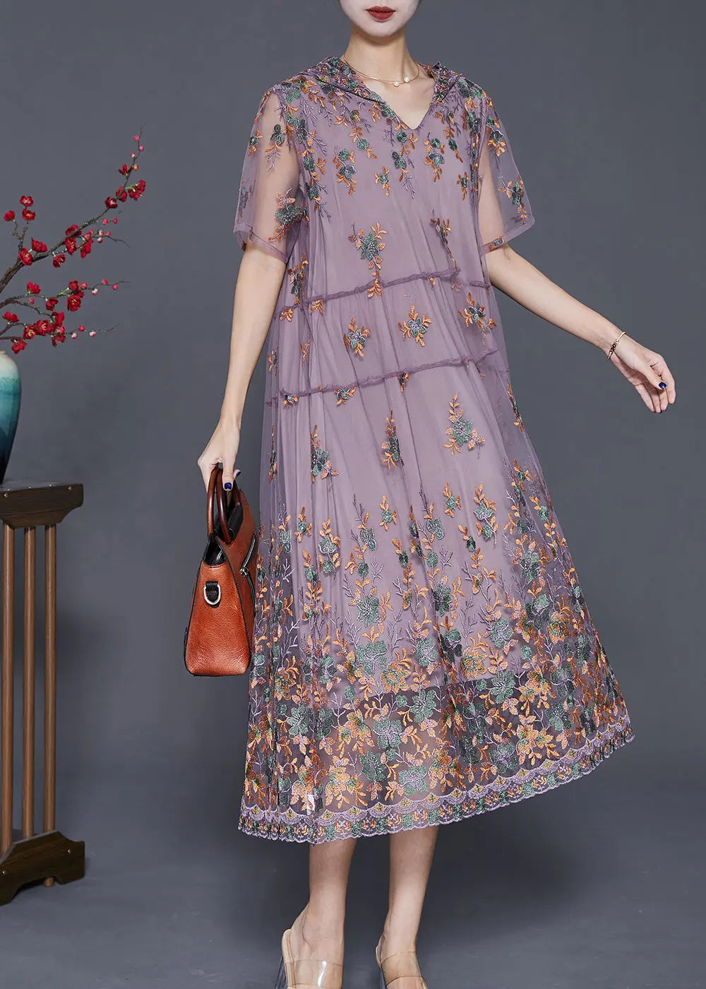 Purple Tulle Long Dress Hooded Embroideried Summer Ada Fashion