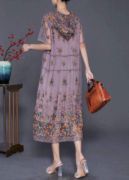 Purple Tulle Long Dress Hooded Embroideried Summer Ada Fashion