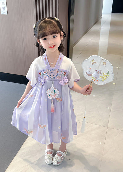 Purple V Neck Tassel Chiffon Girls Long Dresses Short Sleeve Ada Fashion