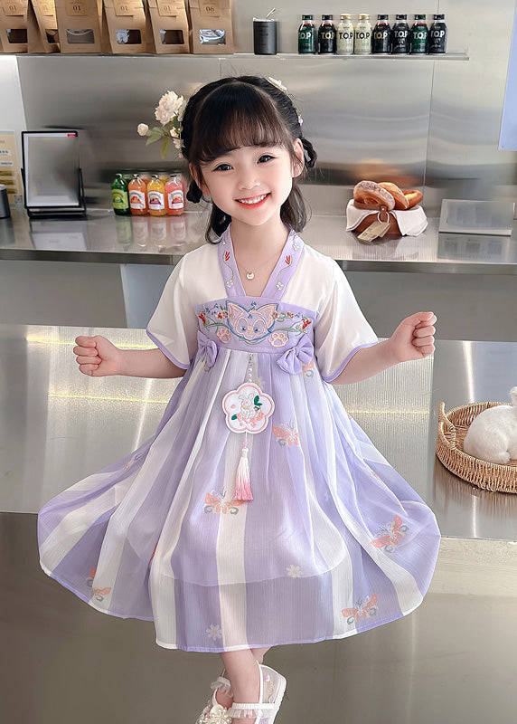 Purple V Neck Tassel Chiffon Girls Long Dresses Short Sleeve Ada Fashion