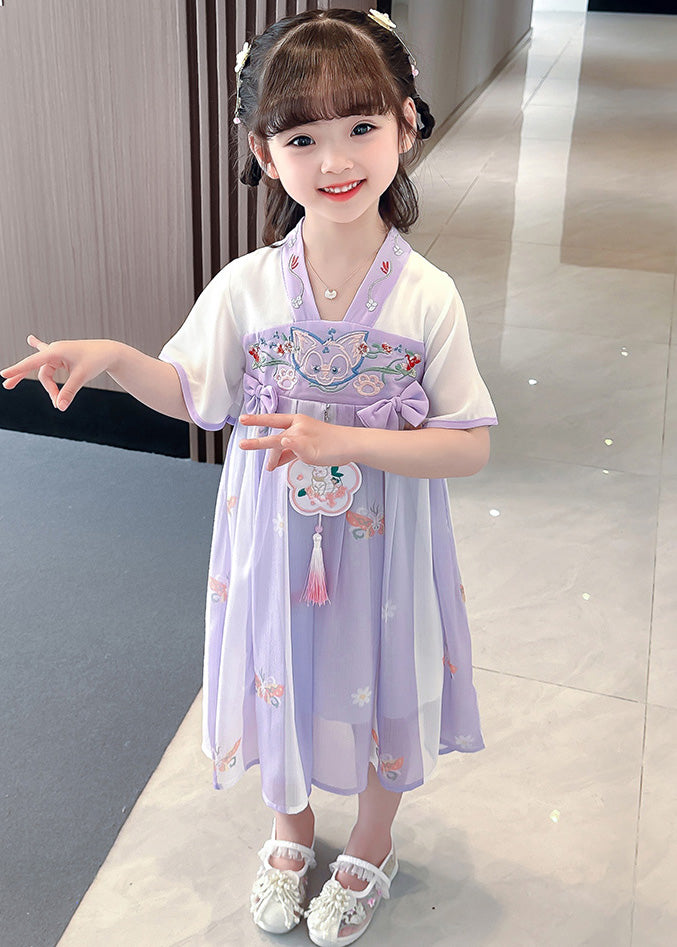 Purple V Neck Tassel Chiffon Girls Long Dresses Short Sleeve Ada Fashion