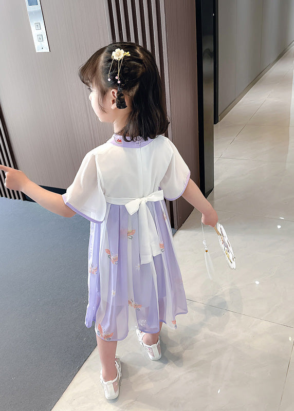 Purple V Neck Tassel Chiffon Girls Long Dresses Short Sleeve Ada Fashion