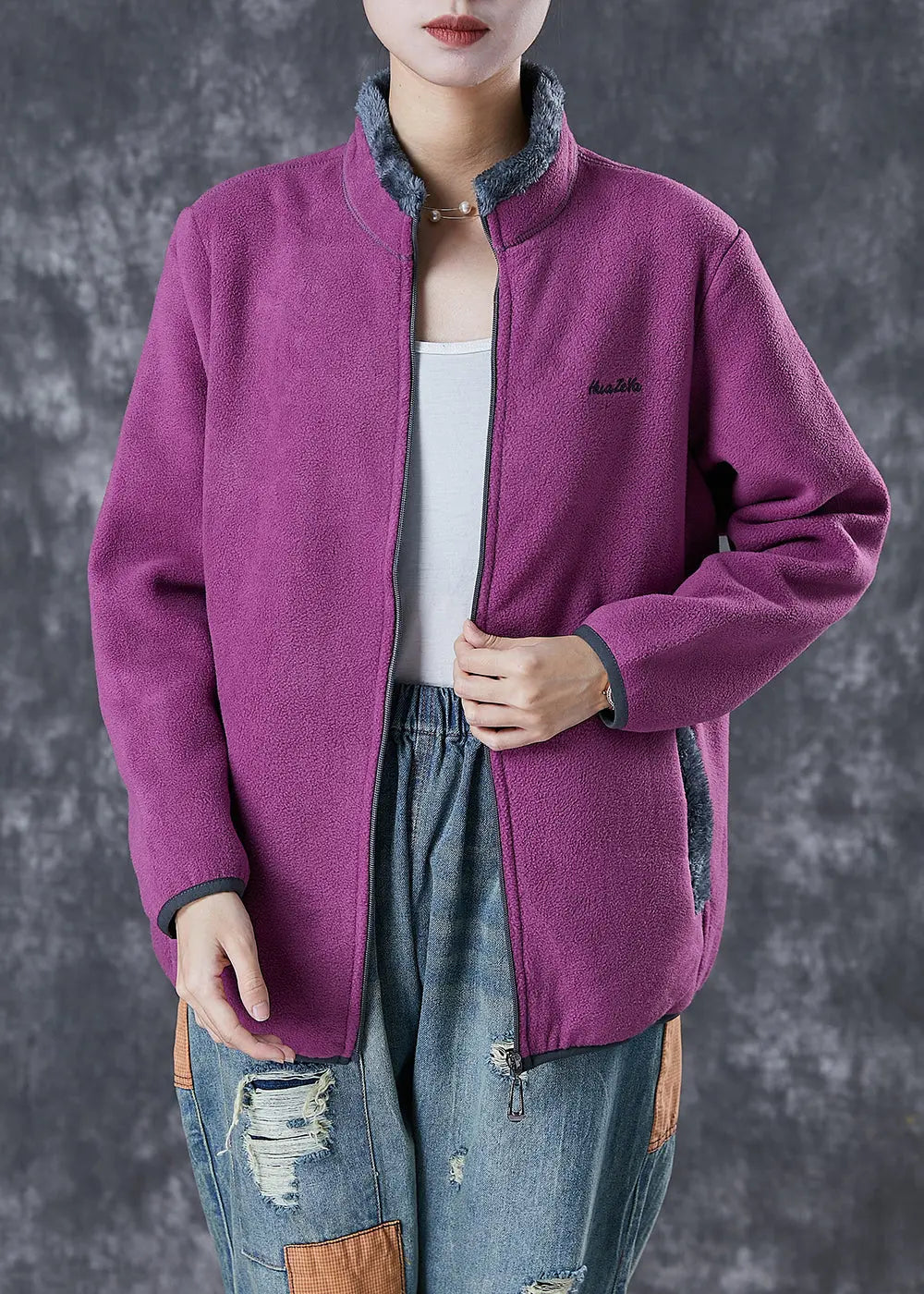 Purple Warm Fleece Jackets Embroidered Winter Ada Fashion