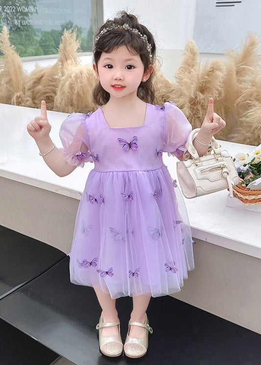 Purple Wrinkled Bow Tulle Kids Vacation Maxi Dresses Summer Ada Fashion