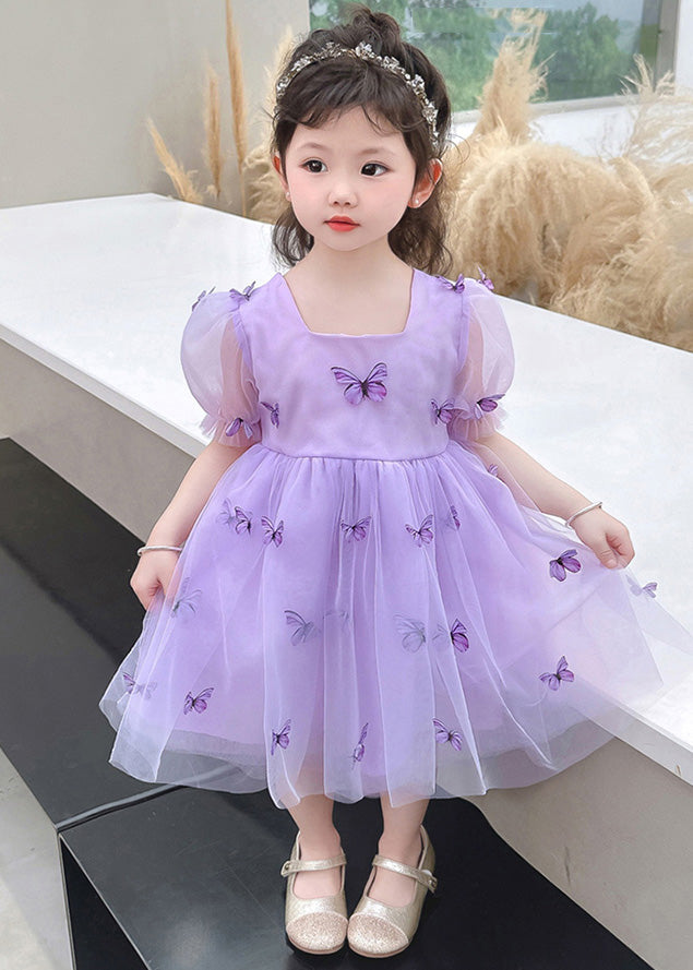 Purple Wrinkled Bow Tulle Kids Vacation Maxi Dresses Summer Ada Fashion