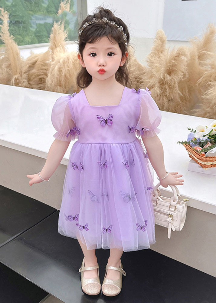 Purple Wrinkled Bow Tulle Kids Vacation Maxi Dresses Summer Ada Fashion