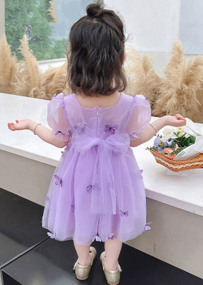 Purple Wrinkled Bow Tulle Kids Vacation Maxi Dresses Summer Ada Fashion