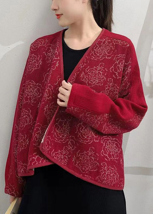 Red Button Patchwork Woolen Coats V Neck Long Sleeve Ada Fashion