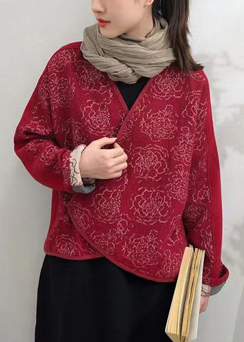 Red Button Patchwork Woolen Coats V Neck Long Sleeve Ada Fashion