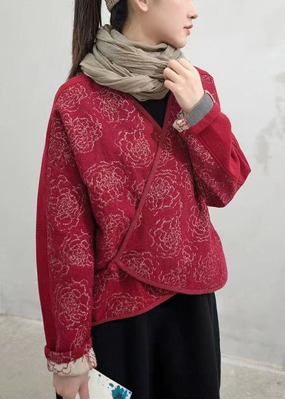 Red Button Patchwork Woolen Coats V Neck Long Sleeve Ada Fashion