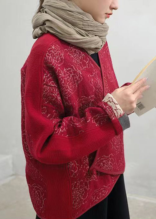 Red Button Patchwork Woolen Coats V Neck Long Sleeve Ada Fashion