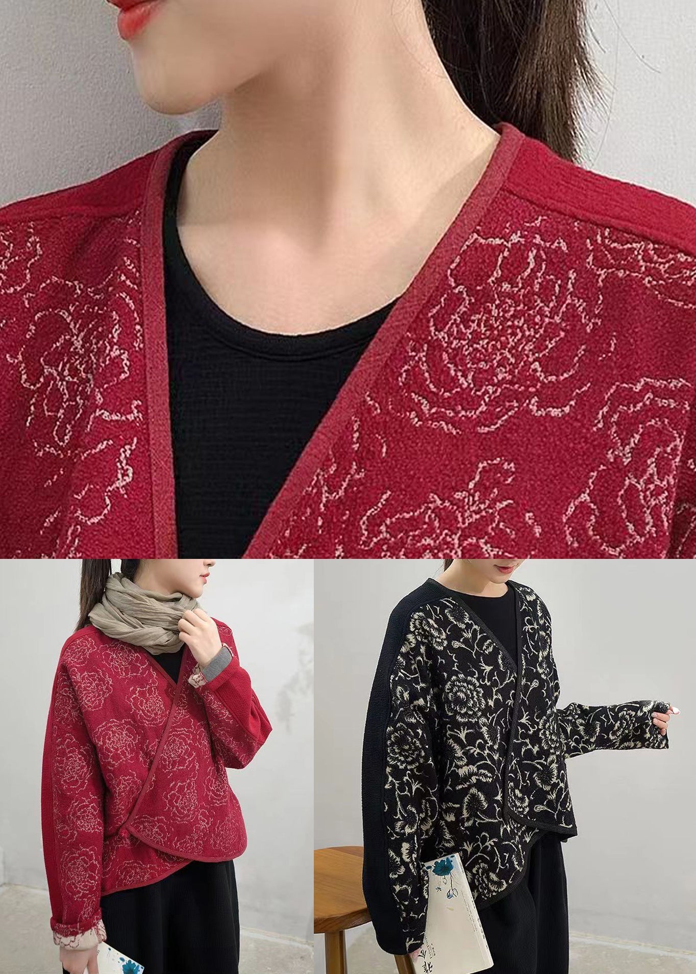 Red Button Patchwork Woolen Coats V Neck Long Sleeve Ada Fashion