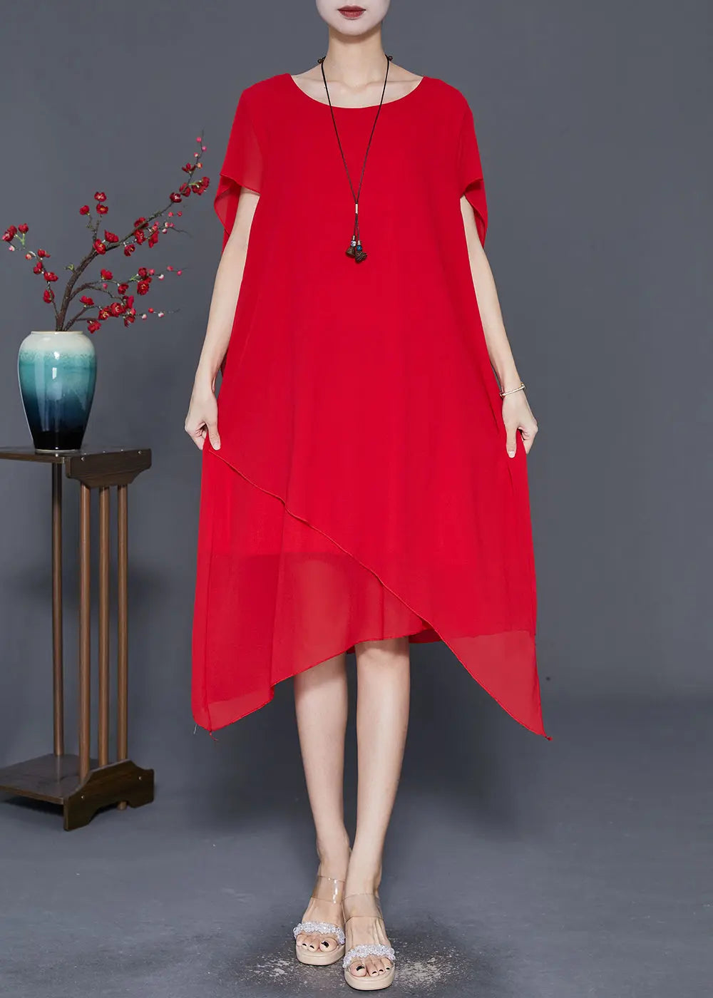 Red Chiffon Long Dress Asymmetrical Draping Cloak Sleeves Ada Fashion