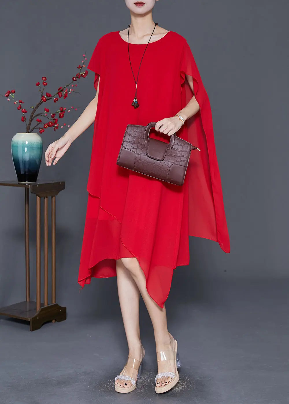 Red Chiffon Long Dress Asymmetrical Draping Cloak Sleeves Ada Fashion