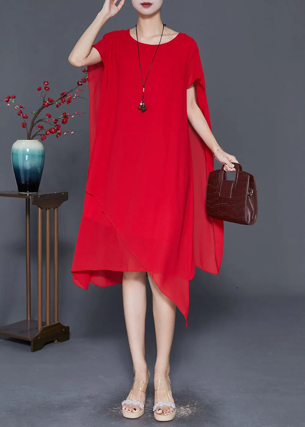 Red Chiffon Long Dress Asymmetrical Draping Cloak Sleeves Ada Fashion