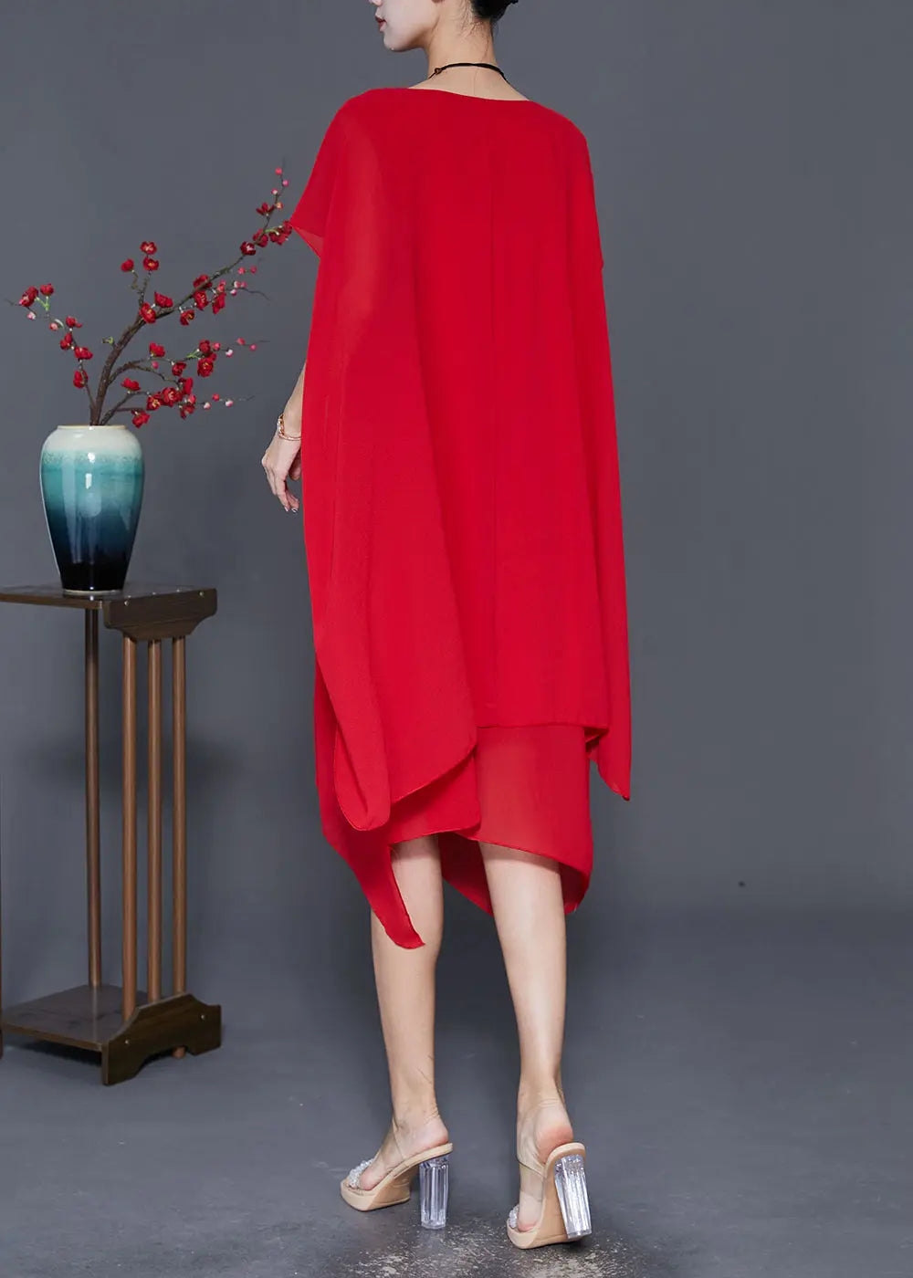 Red Chiffon Long Dress Asymmetrical Draping Cloak Sleeves Ada Fashion