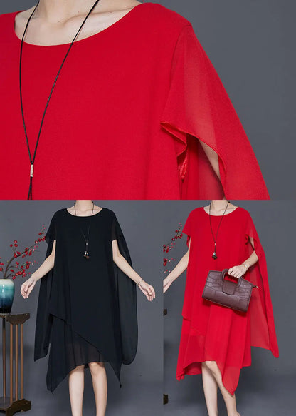 Red Chiffon Long Dress Asymmetrical Draping Cloak Sleeves Ada Fashion