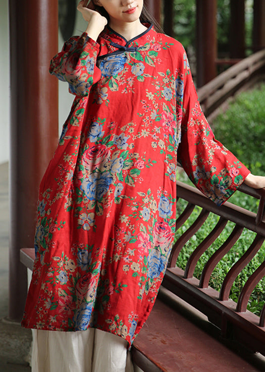 Red Chinese Button Patchwork Cotton Dresses Stand Collar Fall Ada Fashion