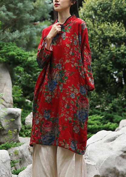 Red Chinese Button Patchwork Cotton Dresses Stand Collar Fall Ada Fashion