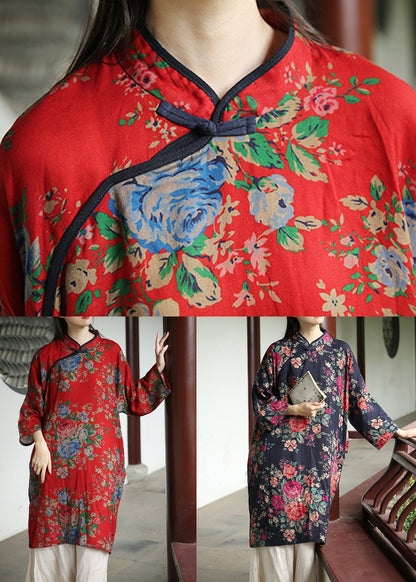 Red Chinese Button Patchwork Cotton Dresses Stand Collar Fall Ada Fashion