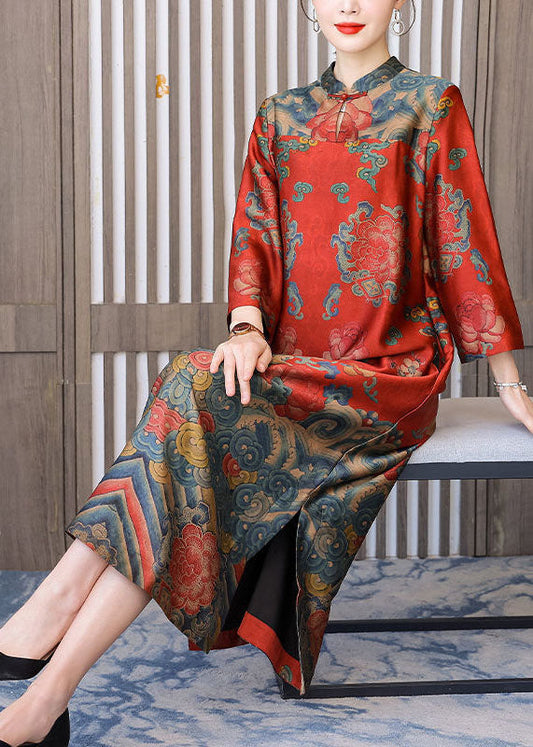 Red Chinese Style Silk Dresses Stand Collar Side Open Bracelet Sleeve LY1692