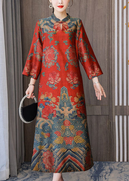 Red Chinese Style Silk Dresses Stand Collar Side Open Bracelet Sleeve LY1692 - fabuloryshop