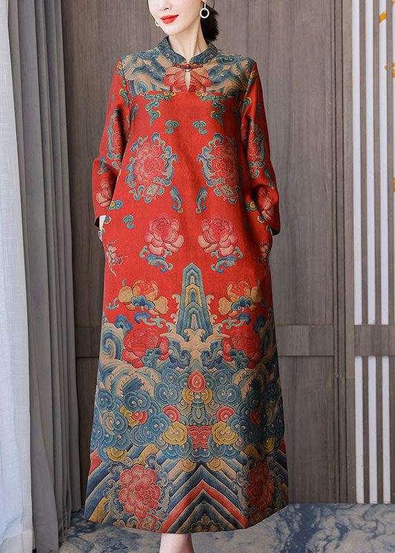 Red Chinese Style Silk Dresses Stand Collar Side Open Bracelet Sleeve LY1692 - fabuloryshop