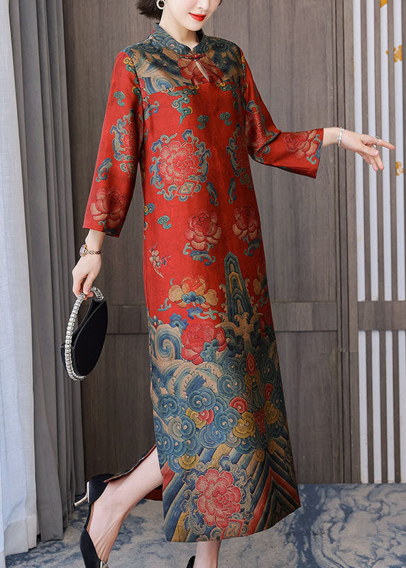 Red Chinese Style Silk Dresses Stand Collar Side Open Bracelet Sleeve LC0202 - fabuloryshop